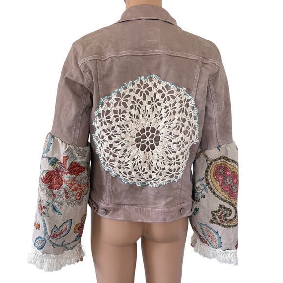 Upcycled Dyed Denim Jacket Tapestry Sleeves Crochet Fringes Doily Boho Western - Picture 1 of 14